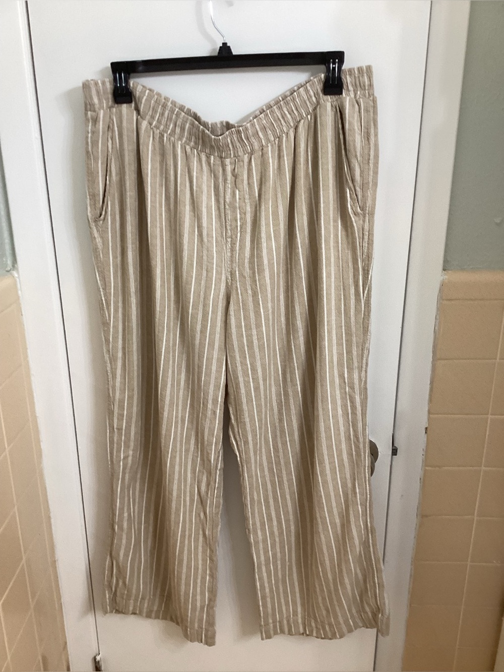 Women’s Briggs, Beige Striped Linen-Blend Relaxed Pants Size XXL, Pockets